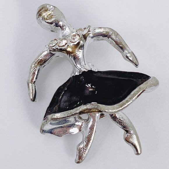 VTG 1950s Pin Ballerina Rhinestone Black Enamel Mid Century Brooch Silver Tone - Picture 8 of 11